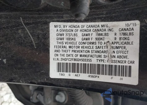 2016 Honda Civic Ex z USA, uszkodzony, nr VIN 2HGFC2F86GH503355